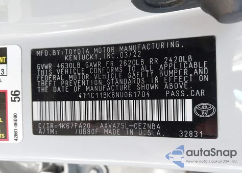 2022 Toyota Camry Le Awd z USA, uszkodzony, nr VIN 4T1C11BK6NU061704